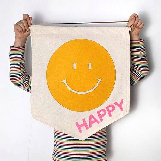 Smiley face banner with your choice of 5 letter word and 2 colours.